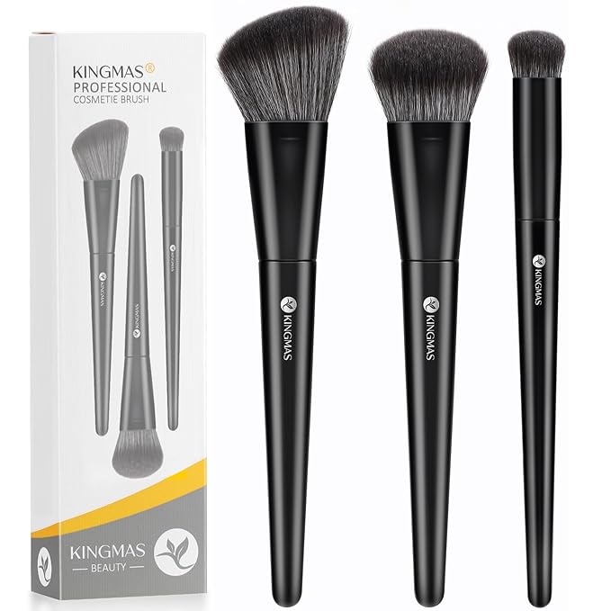 KINGMAS Foundation Makeup Brushes, 3Pcs Kabuki Contour Concealer Makeup Brush, Vegan & Cruelty-Free, Synthetic Cosmetic Under Eye & Blusher Face Brush (Black)