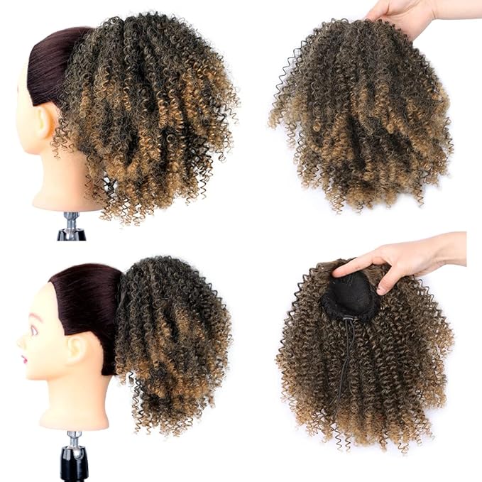 Drawstring Ponytail Afro Kinky Curly for Black Women Short Wave Synthetic Ponytail Hair Extension(T1B/27)