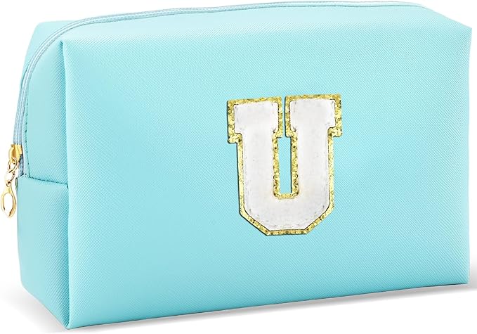 URSKYTOUS Gifts for Girls Initial Makeup Bag Personalized Cosmetic Bag with Zipper Cute Travel Toiletry Bag Waterproof PU Preppy Makeup Pouch Birthday Gift for Teen Girls Women(Blue U)