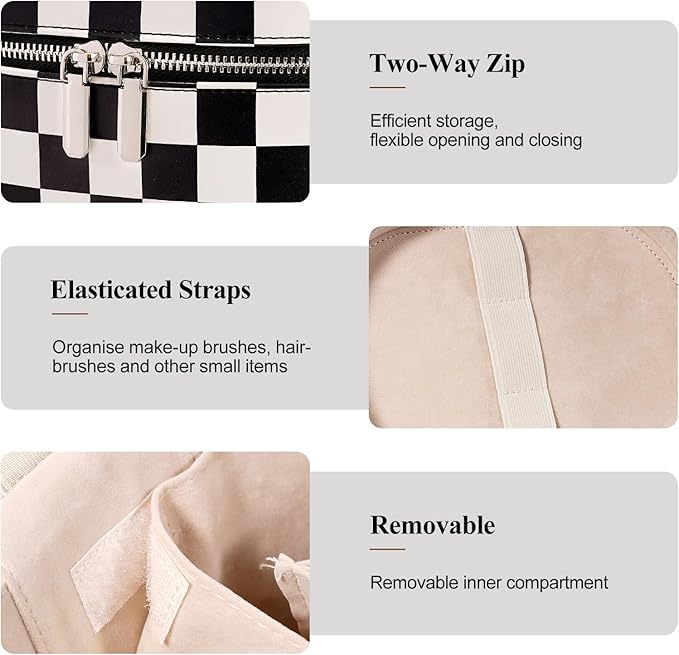 honitty Makeup Bag, Checkered Makeup Bag with Compartments and Handle, Portable Cosmetic Organizer Bags,Toiletry Bag for Women