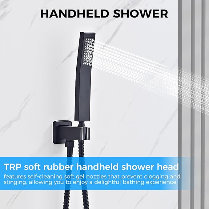 Shower Faucet Set Matte Black Complete Shower System with 8 Inches Rain Shower Head and Handheld Spray Bathroom Rain Shower Faucet Set Rainfall Shower System with Shower Valve（RY3-LYQ2-Black）
