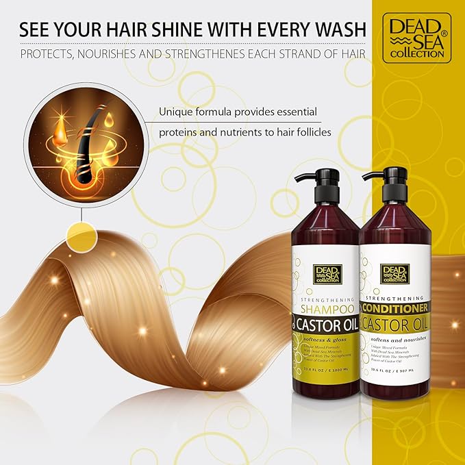 Dead Sea Collection Shampoo and Conditioner Set for Strengthening and Volume - Pure Dead Sea Minerals and Castor Oil – Professional Hair Care - Repair and Shine - Pack of 2 (33.8 & 30.6 Fl. Oz)