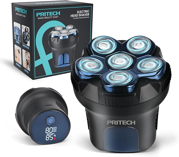 PRITECH Head Shaver for Bald Men - Effortless 6D Floating Shave,Electric Head Shavers for Men & Bald Head Shavers,Waterproof Cordless Razor for Smooth Scalp,Face & Perfect Beard,2-Speed,80Min Runtime