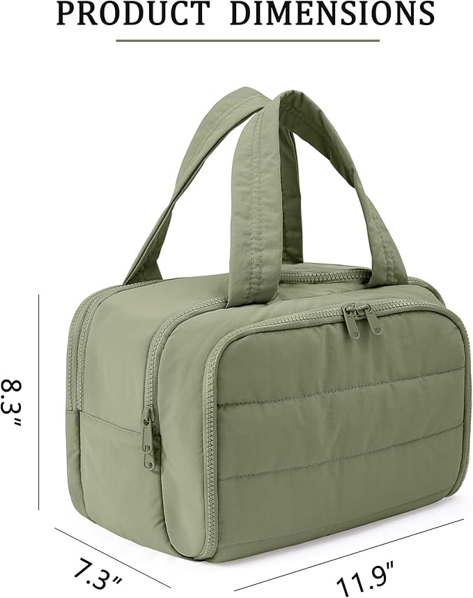 BUZFOWU Travel Toiletry Bag for Women, Large Wide-open Puffy Cosmetic Makeup Bag with Wet-Dry Separation, Multi-Pocket Organizer with Carry Handle for Toiletries, Cosmetics, Essentials, Green
