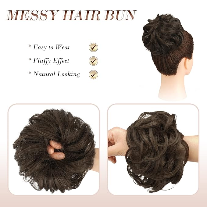 FESHFEN Large Messy Bun Hair Piece - Wavy Synthetic Chignon Scrunchies Elastic Ponytail Hair Extensions Thick Hairpieces for Women, Golden Brown 1.94oz