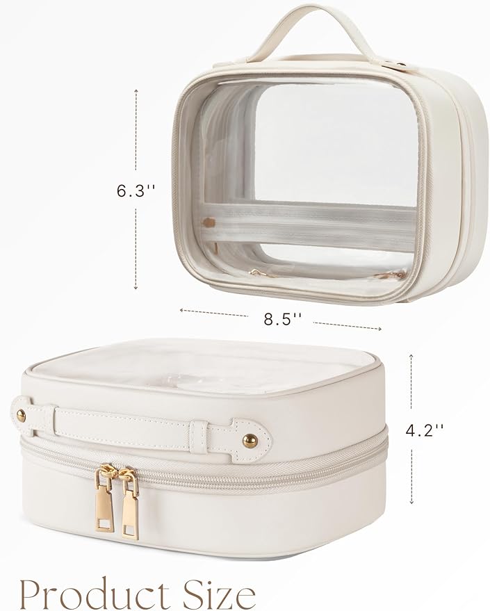 Oaque Clear Cosmetic Bag Double Layer Travel Toiletry Bag Clear Makeup Bag Case with 4 Compartments, Transparent Travel Bag for Toiletries, Large Toiletry Bag for Women Cosmetic Case (White, Small)