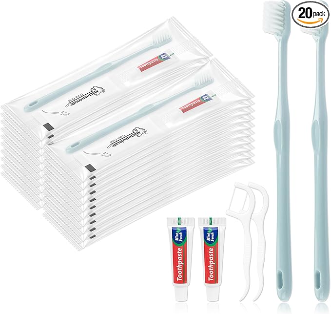 Disposable Toothbrushes with Toothpaste, Travel Toothbrush Kit, Individually Packaged, Light Grey, with Floss Picks, Suitable for Hotel, Home, Camping, Travel (20-Pack)