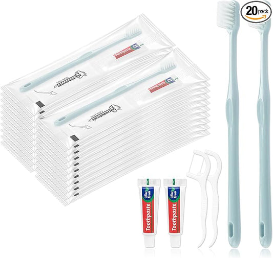 Disposable Toothbrushes with Toothpaste, Travel Toothbrush Kit, Individually Packaged, Light Grey, with Floss Picks, Suitable for Hotel, Home, Camping, Travel (20-Pack)