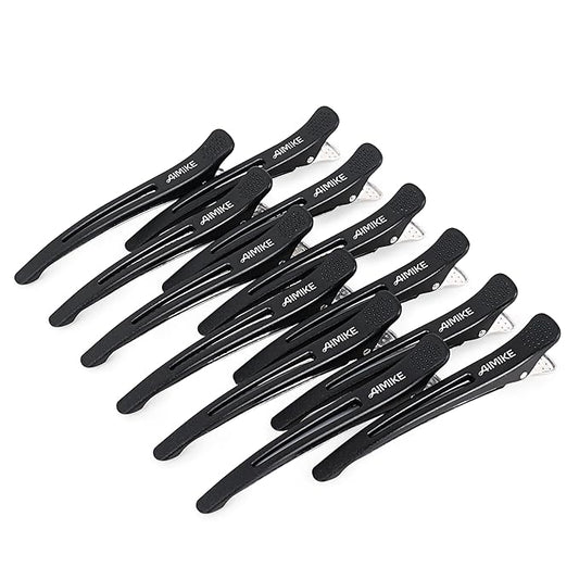 AIMIKE 12pcs Professional Hair Clips for Styling Sectioning, Non Slip No-Trace Duck Billed Hair Clips with Silicone Band, Salon and Home Hair Cutting Clips for Hairdresser, Women, Men -Black 4.3” Long