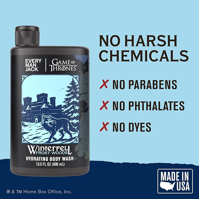 Every Man Jack Game of Thrones Collectors Body Wash - Clean Ingredients - Winterfell - Frost Woods Scent - 13.5 oz (Pack of 2)