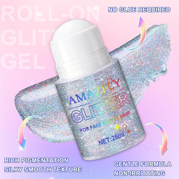 Roll-on Holographic Glitter Gel for Face & Hair,Sparkling Pink Shimmer Makeup,Color Changing Body Glitter for Festivals,Parties & Halloween,Chunky Mermaid Sequins Body Shimmer for Women(Laser Silver)
