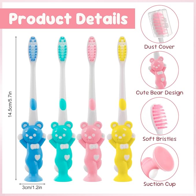 Toothbrushes for Kids In Bulk, Individually Wrapped Disposable Toothbrush Cute Manual Soft Bristles Children Toothbrush With Cover Suction Cup Toddler Toiletries Set for Home/School/Travel (60 Pack)