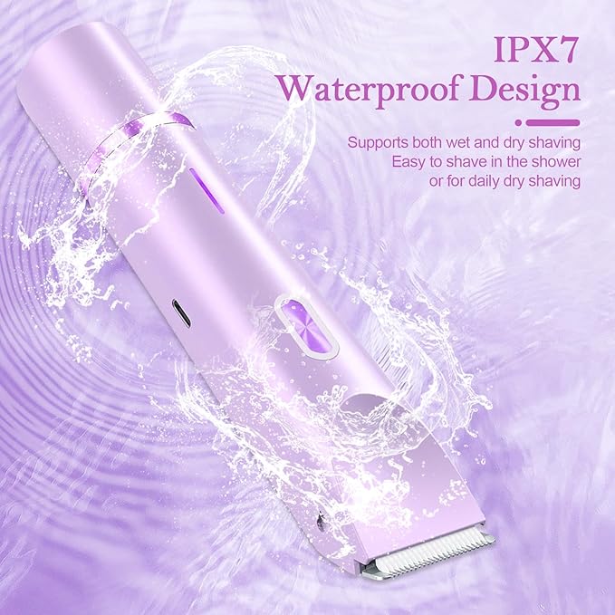 Bikini Trimmer for Women, 2-in-1 Dual Head Shaver Women, IPX7 Waterproof Gentle Electric Razors for Sensitive Areas, Cordless Hair Removal for Shower & Travel, Holiday Gift (Purple)