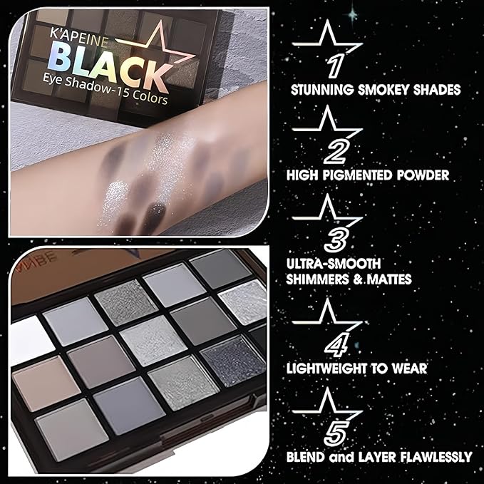K'APEINE Black Eyeshadow Palette, 15 Colors Smokey Eye Shadow Palette Gothic Smokey Eyeshadow Palette Silver Eye Makeup Kit Matte & Shimmer Dark Shades Matte for Goth Makeup No Fading, Long Lasting