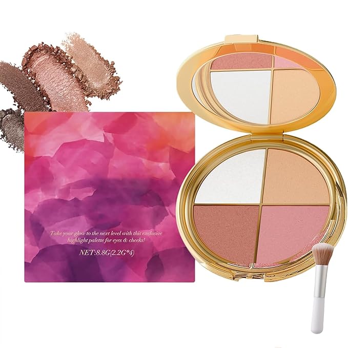 Eye & Cheek Palette - Eyeshadow and Highlighter Makeup (with Detachable Brush), Makeup Palettes Contour Kit, Shimmer Glow Face Highlighter Palette for Women Face, Natural Glow Contour Powder (3pcs)