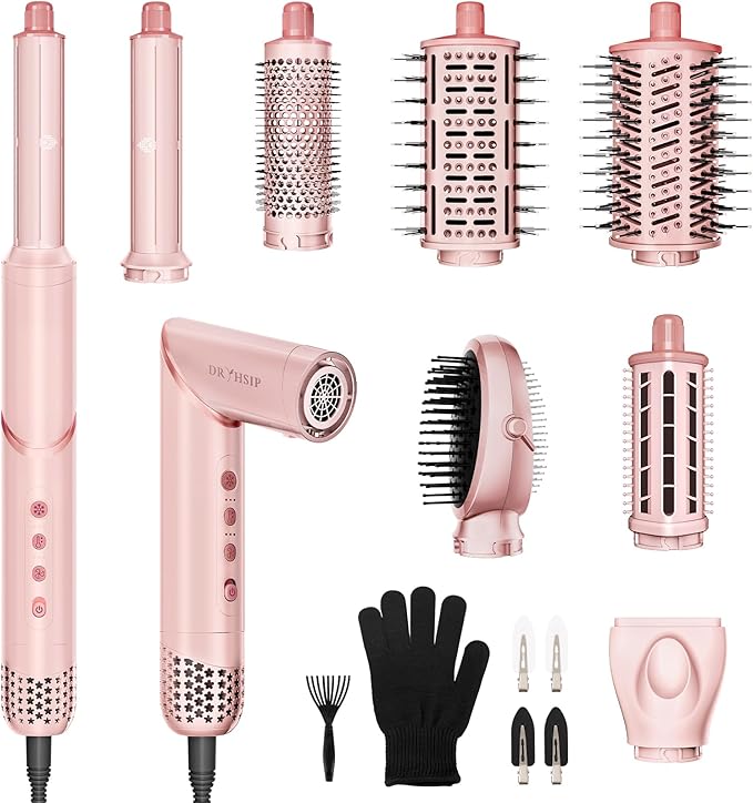 8 in 1 Hair Styler Curler & Air Dryer Brush, 110,000 RPM High-Speed Negative Ionic Foldable Hair Dryer Fast Drying, Multi Professional Hot air Styler for Curling Volumizing Straightening Styling(Pink)