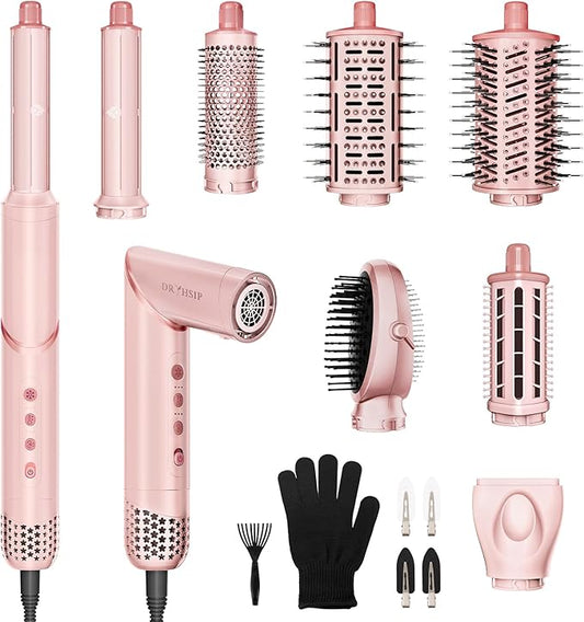 8 in 1 Hair Styler Curler & Air Dryer Brush, 110,000 RPM High-Speed Negative Ionic Foldable Hair Dryer Fast Drying, Multi Professional Hot air Styler for Curling Volumizing Straightening Styling(Pink)