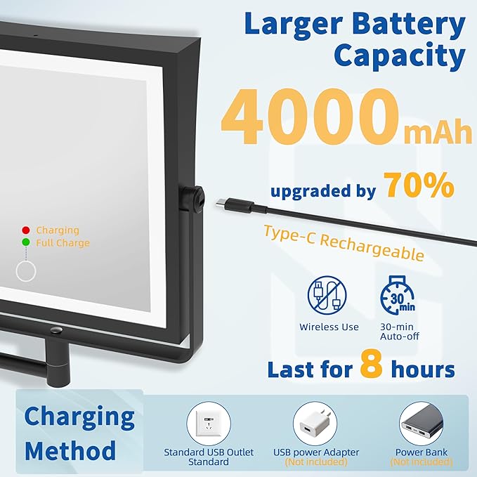 Ruacq Rechargeable Wall Mounted Makeup Mirror with Lights, Double Sided 1X/7X Magnifying Vanity Mirror with 3 Color Lighting, Touch Screen Dimmable, 360° Rotation Extension Foldable Arm(Matte Black)
