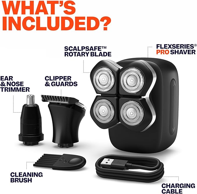 Freebird FlexSeries Electric Head & Body Hair Shaver, Mens Cordless Rechargeable Wet & Dry Skull, Bald Head, Back, Groin Waterproof Razor (FlexSeries Pro, Shaver Kit with One Blade Refill)