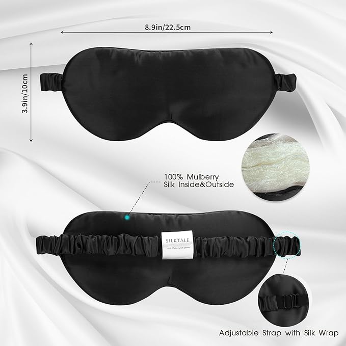 SILKTALE 100% Mulberry Silk Eye Mask for Sleeping with Silk Wrapped Adjustable Strap,Black