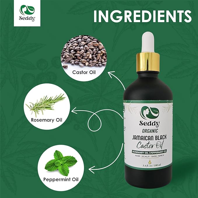 Seddy Organic Jamaican Black Castor Oil with Rosemary & Peppermint – Cold-Pressed, Hexane-Free Hair Growth & Scalp Treatment Oil for Thicker, Stronger Hair, Edges & Beard – 3.4 fl oz