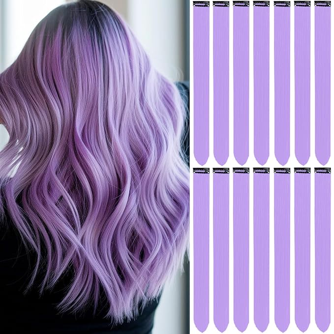 Purple Hair Extensions 14 PCS, 22 In Colorful Clip in Hair Extensions Party Highlights, Rainbow Long Straight Synthetic Hairpieces for Cosplay Women Gift(Light Purple)