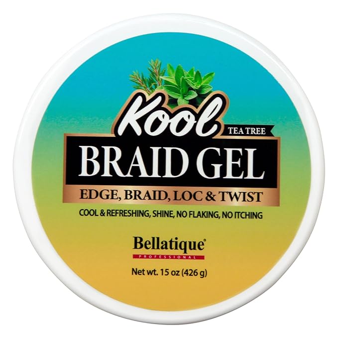 BELLATIQUE KOOL Braiding Gel Maximum Hold for LOC & Twist - No Flaking, No Whitening, Fast Drying, High Shine, Cool & Refreshing, Long Lasting Hold (15 oz)