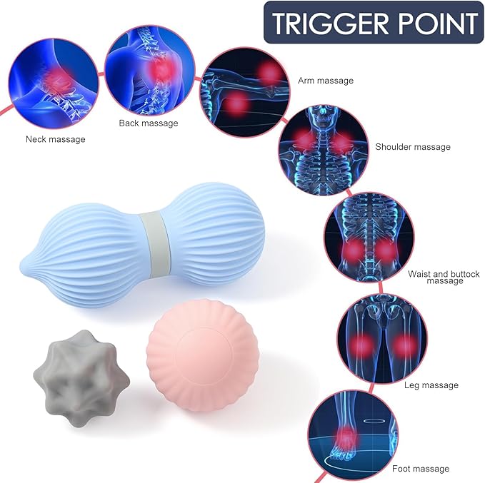 Silicone 3-Piece Massage Ball Set - Peanut, Textured and Spiky Lacrosse Balls to Relieve Tension,Muscle Knots & Plantar Fasciitis with Deep Tissue Release for Foot,Back,Hip,Arm & Legs