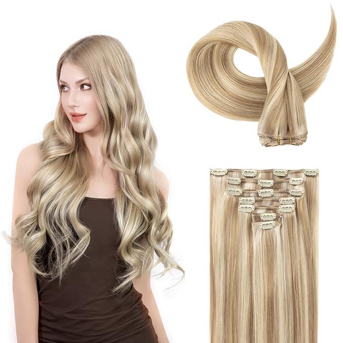 Clip in Hair Extensions Real Human Hair, Silky Remy Hair Extensions Clip Ins, Salon Quality Natural Human Hair, Light Blonde Highlighted Golden Blonde #P16/22 18Inch 120G 7PCS