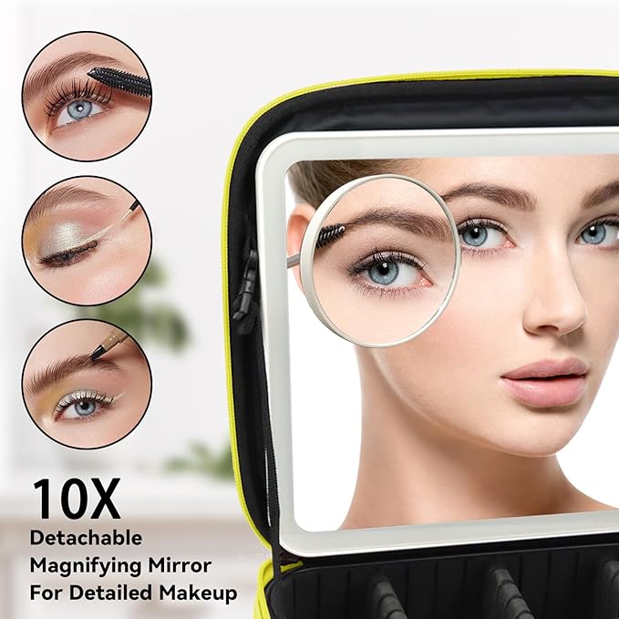 SLUMAZI Travel Makeup Bag with LED Mirror and 10x magnifying glass with 3 Lighted Settings, Adjustable Dividers and Makeup Brush Storage Bag Yellow
