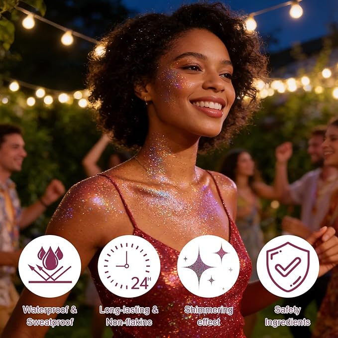 Roll-on Holographic Body Glitter Gel for Face and Hair, Chameleon Color Changing Glitter Gel Under Light, Chunky Mermaid Sequins Festival Party Rave Accessories (Metallic Beauty Beam)