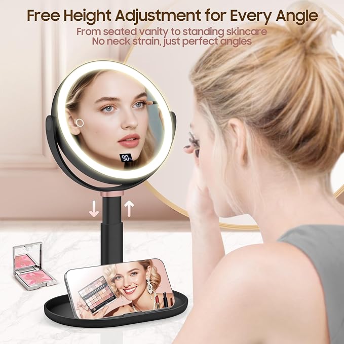 Magnifying Mirror with Light 30X/1X, Digital Display, Smart Touch Control, Vanity Mirror with 3 Color Lights, 360 Rotate, Height Adjustable Lighted Magnifying Mirrors for Desk Travel