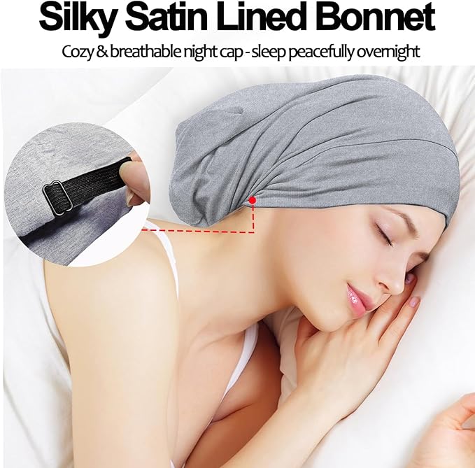 Satin Bonnet for Sleeping Night Cap, Adjustable Satin Lined Silk Bonnets Sleep Cap for Curly Hair Braids Beanie Black Women