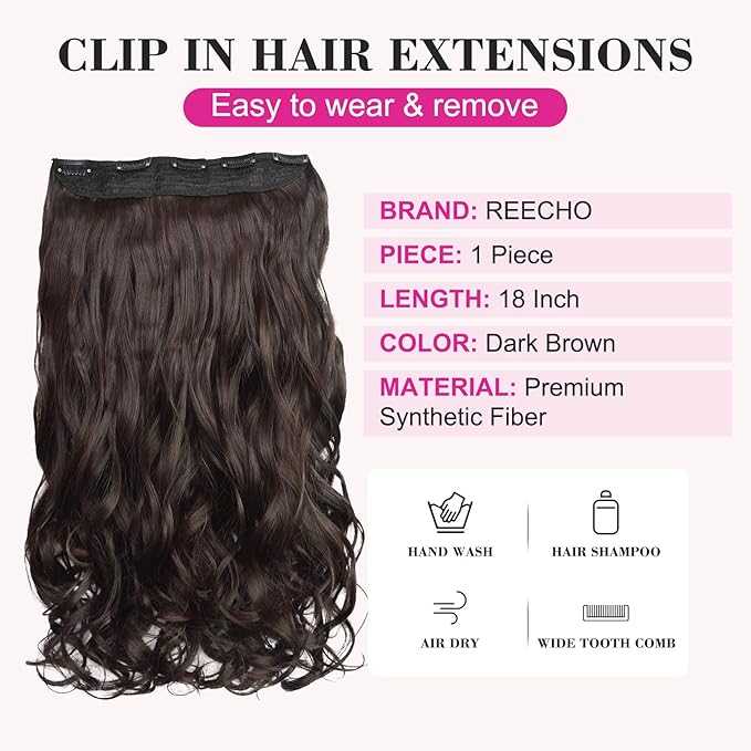 REECHO 18" 1-Pack 3/4 Full Head Curly Wavy Clips in on Synthetic Hair Extensions HE008 Hairpieces for Women 5 Clips 4.0 Oz per Piece - Dark Brown