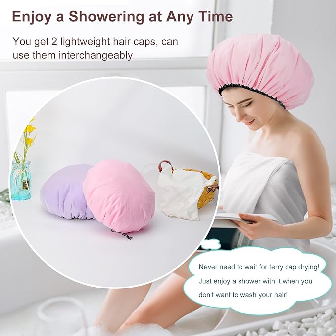 2 Pcs 16.5"Jumbo Adjustable Terry Cloth Lined Shower Caps for Long Hair & Braids, Extra Large Dual Waterproof Hair Cap for Women & Men, Reusable XXL for Dreadlocks, Locs