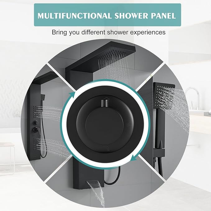 KINKIB Shower Panel Tower System with Rainfall Shower Head, Powerful Body Jets, Matte Black Shower Tower with Handheld Shower and Tub Spout, Stainless Steel Shower Column High Pressure