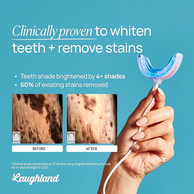 Laughland Sensitive Teeth Whitening Kit, Phone-Powered LED Mouthpiece & 3 Whitening Gel Syringes, Sodium Bicarbonate, Aloe Vera & Mint, Gentle Formula, at-Home Dental Care, 6+ Treatments