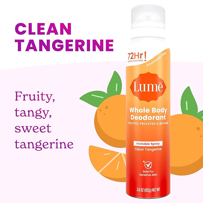 Lume Invisible Spray Deodorant For Women Two Pack - Full Size & Mini Whole Body Deodorant Spray - 72 Hr Odor Control - Aluminum & Baking Soda Free - 2 Piece Bundle - 3.6 oz & 1.0 oz (Clean Tangerine)
