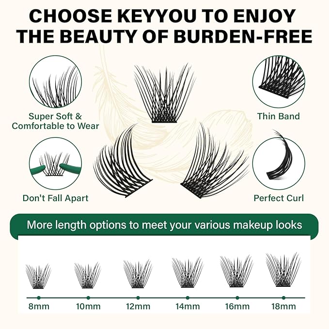 KEYYOU Lash Clusters 144pcs Individual Lashes D Curl 16mm Eyelash Clusters Super Lightweight Air Touch Cluster Lashes Soft&Wispy Comfortable Easy to DIY at Home(Air04-D-16mm)
