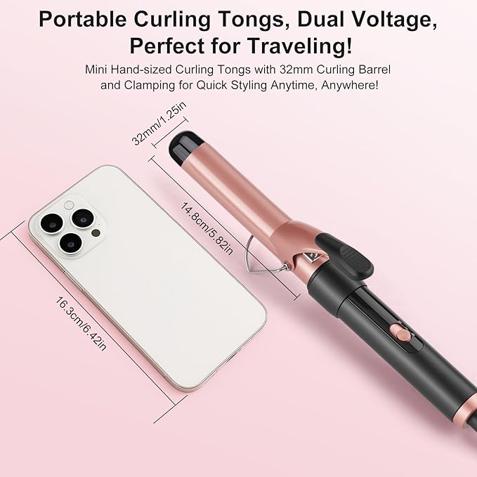 Curling Wand, 32mm Ceramic Hair Curler Tongs with Adjustable Temperature for Long & Medium Hair, Professional Hair Curler with Glove, Dual Voltage