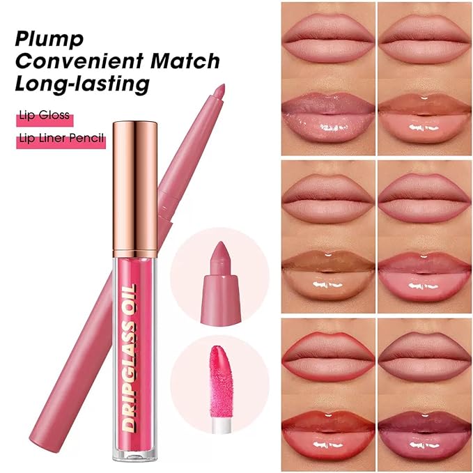 Nude Lip Gloss Lip Liner Set, Lip kit with Lip Oil Lip Liner, Lip Plumer Gloss lip liner Pencil Waterproof Long Lasting Smudgeproof (04# nude)