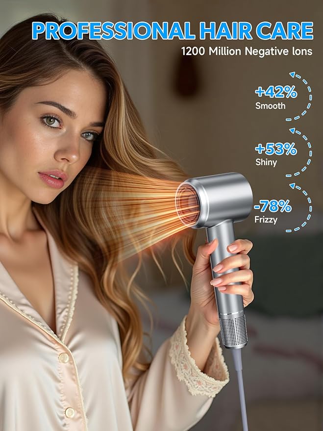2026 Hair Dryer, Blow Dryer with Diffuser - 200,000 RPM High-Speed Ionic Technology for Women and Man, 1200M Negative Ions & Brushless Motor, Low Noise Design with Magnetic Nozzle Attachments (Silver)