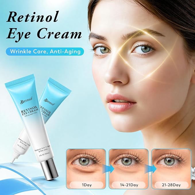 Retinol Eye Cream - Eye Cream for Dark Circles, Puffiness, Anti Aging, with Hyaluronic Acid, Peptides, Caffeine, Reduces Bags, Dark Circles Under Eye Treatment, Smooths Wrinkles & Fine Lines, 1 fl. oz