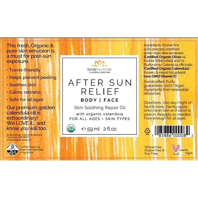 Bodyceuticals Organic Calendula After Sun Oil – Moisturizing Face and Body with Olive Oil and Vitamin E, Lightweight Formula for Normal to Oily Skin, 2 oz