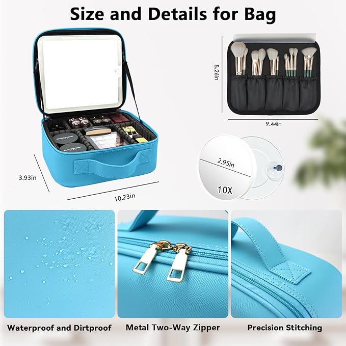 SLUMAZI Travel Makeup Bag with LED Mirror and 10x magnifying glass with 3 Lighted Settings, Adjustable Dividers and Makeup Brush Storage Bag Blue