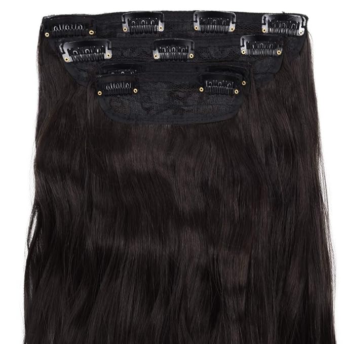 REECHO 24" Curly Wavy 4 Pieces Set Thick Clip in on Hair Extensions Black Brown