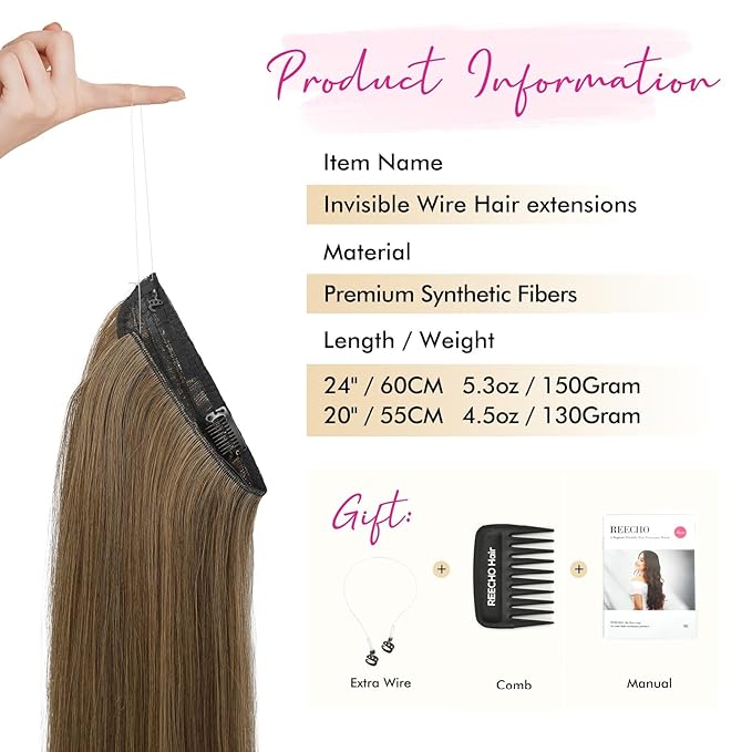 REECHO Invisible Wire Hair Extensions with Transparent Headband Adjustable Size Removable Secure Clips in Straight Secret Hairpiece for Women (24 Inch (Pack of 1), Light Ash Brown with Highlights)