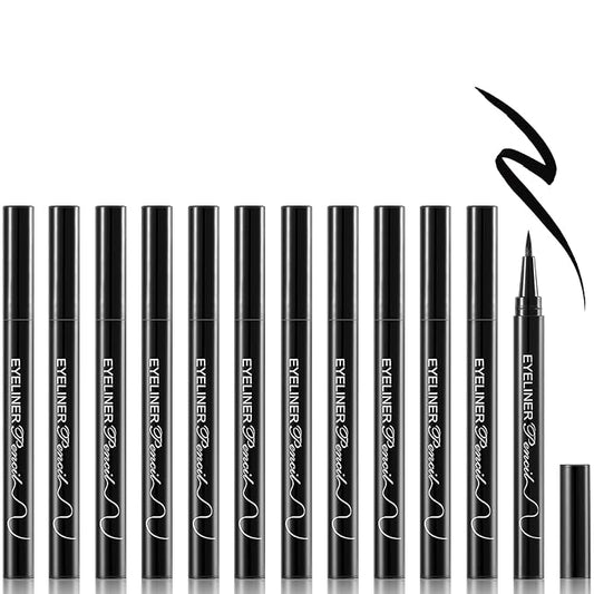 12 Pcs Black Eyeliner Pen, Long-Lasting & Waterproof Eyeliner, Quick-Drying Eye Liner Liquid Liner, Smudge-Resistant Black Eye Liner for All Skin Tones & Types, Highly Pigmented Eye Makeup