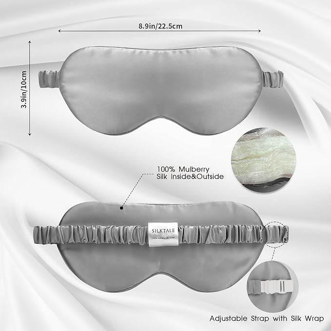 SILKTALE 100% Mulberry Silk Eye Mask for Sleeping with Silk Wrapped Adjustable Strap,Silver Gray