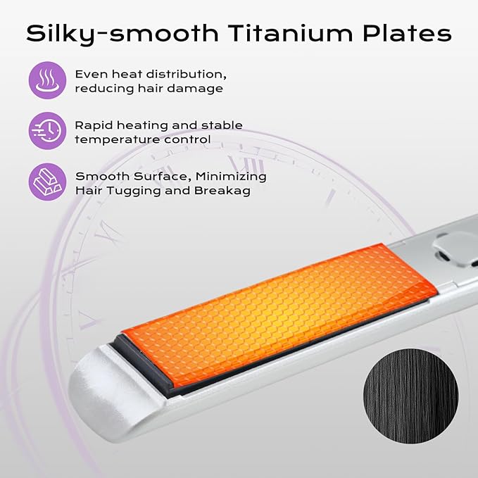 Titanium Flat Iron Hair Straightener and Curler 2 in 1 with Quick Fast Heating, 1 Inch Professional Straightening Iron, 5 Temp Settings for All Hair Types, Dual Voltage & Auto-Shut Off(White)